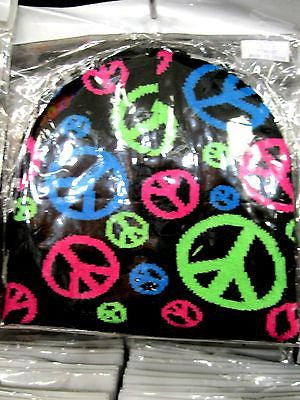 Multi Color Peace Signs Symbols Black Winter Knitted Skull Beanie Ski Cap-New!