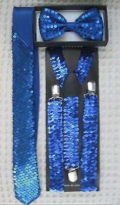 Royal Blue Sequin Adjustable Bow Tie,Neck tie & Blue Glitter Suspenders Set-V1