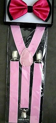 Pink black ends tips Adjustable Bow tie & Pink Adjustable Suspenders Combo-New!