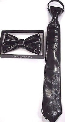 KIDS TEENS BLACK LEATHER ADJUSTABLE BOW TIE+BLACK LEATHER PRE-TIED NECKTIE-NEW!