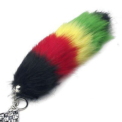 BLACK WHITE GRAY STRIPES FAUX FOX TAIL FOXTAIL KEYCHAIN 12" CLIP-RACOON FOXTAIL