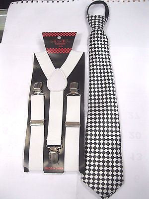 Kids Teens Black&White checkers Pre-Tied NeckTie&WHITE Adjustable Suspenders Set