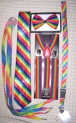 Men's Rainbow Stripes Adjustable Bow tie,Neck Tie,Suspenders,Lanyard,Shoelaces18