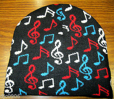 Red,White, and Blue Musical Notes Black Winter Knitted Skull Beanie Ski Cap-New!