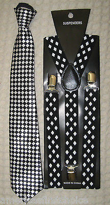 Teens White Black Checkered  Pre-Tied Neck tie&Black White Diamonds Suspenders