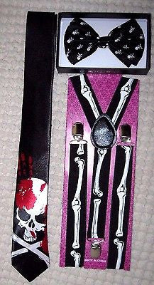 Unisex Small Skulls Adjustable Bow tie & Skeleton Bones Adjustable Suspenders