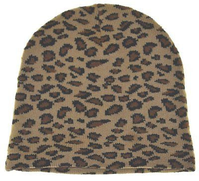 Tan Beige Black Spots Leopard Print Winter Knitted Skull Beanie Ski Cap-New!