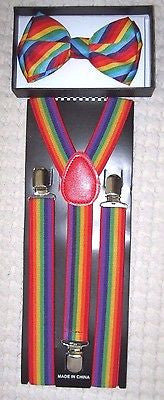 Unisex Rainbow Stripes Adjustable Bow tie + Rainbow Adjustable Suspenders Combo