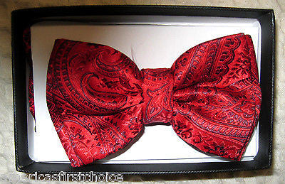 Red Paisley Tuxedo Bow Tie & Solid Red Adjustable Suspenders Combo Set-New