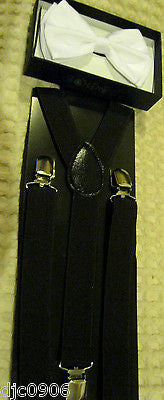 Solid White Adjustable Bowtie & Solid Black Adjustable Suspenders Combo-New!