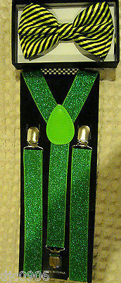 Neon Yellow Green Striped Bow Tie & Neon Green Glittered Adjustable Suspenders