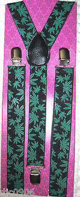 Green Marijuana Weed MJ Leaves on Black Suspenders Combo-New in Package!