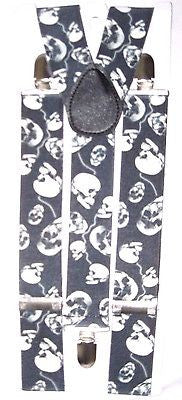 Unisex WIDE 1 1/2" BLACK WITH MULTIPLE WHITE SKULLS Y-Back suspenders-New!VERS3