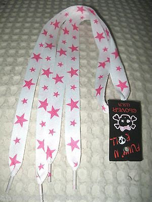 Premium Thick White with Pink Stars Rockabilly Punk Shoe lace Shoelaces-New!