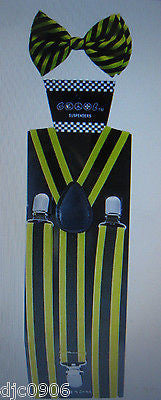 Black Yellow Stripes Adjustable Bow Tie & Black Yellow Stripes Suspenders Combo