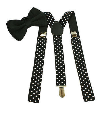 Black with white tips/trim Bow Tie+White Adjustable Y-Back Suspenders Combo-New!