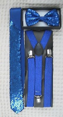 Royal Blue Sequin Adjustable Bow Tie,Neck tie & Blue Glitter Suspenders Set-V1