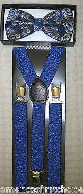 French Blue Silver Paisley Pattern Adjustable Bow Tie & Blue Glitter Suspenders