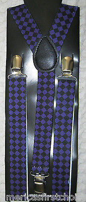 Unisex Black and Blue Diamonds Checkers Adjustable Y-Style Back suspenders-New!