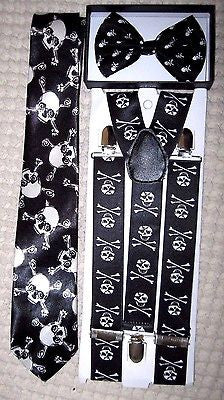 Unisex Skulls&Crossbones, Neck Tie,& Wide Skulls&Crossbones Suspenders Combo-VR1