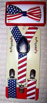 Kids US Flag Bow Tie & US Flag Red,White, & Blue Adjustable Suspenders Combo-New