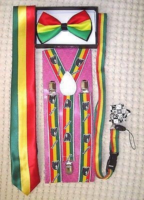 Rasta Stripes Bow Tie,Rasta NeckTie,Rasta Stripes Suspenders&Rasta Lanyard-NEW21