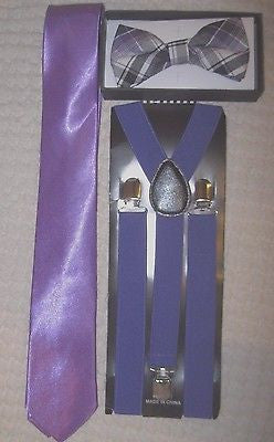 Purple Plaid Bow Tie,Solid Purple Neck Tie & Purple Adjustable Suspenders-New!v2