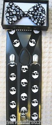 White Wide 1 1/2" Adjustable Suspenders & Black Adjustable Bow Tie COMBO-New!