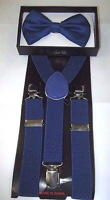 Kids Teens Blue Adjustable Bow Tie & Blue Adjustable Suspenders Combo Set-New!v3