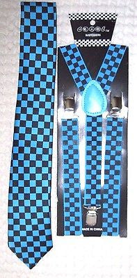 Black&Blue Checkers Necktie and 1" Black&Blue Checkered Adjustable Suspenders