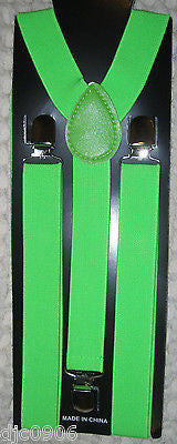 Neon Yellow Green Striped Adjustable Bow Tie & Neon Green Adjustable Suspenders