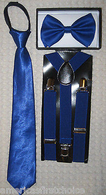 Kid's Boys Girls  Blue Adjustable Bow Tie, Blue Neck Tie &Blue Y-Back Suspenders