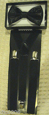 Solid Black Diamond Mesh Pattern Bow Tie & Black Glitter Y-Style Back Suspenders
