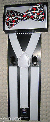 Red Black White Leopard Adjustable Bowtie&White Adjustable Suspenders Combo-New!