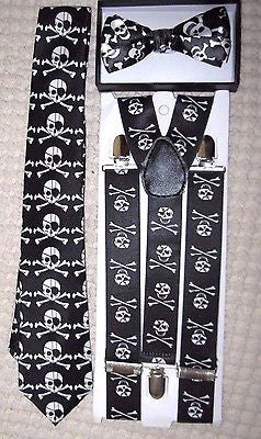 Unisex Skulls&Crossbones Bow tie&Neck Tie+Skulls&Crossbones Suspenders Set-vers6