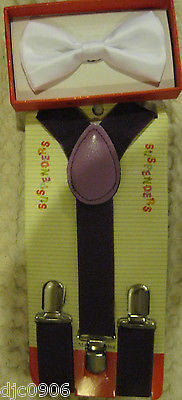 Kids Boys Girls Purple Black 2 Tone Adjustable Bow Tie+Purple Y-Back Suspenders