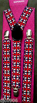 British England Red,White,&Blue Adjustable Suspenders & British Bowtie Bow Tie