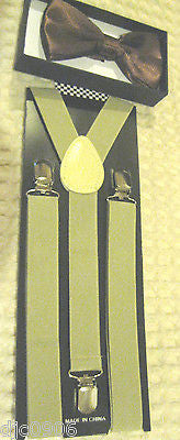 Solid Brown  Adjustable Bowtie & White Adjustable Suspenders Combo-New!