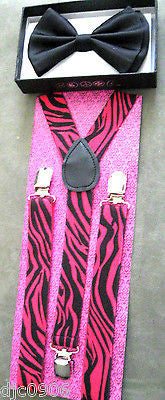 Black Adjustable Bow tie & Red Black Leopard Animal Print Suspenders Combo-New!