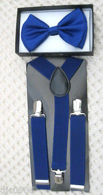 Kids Teens Blue Adjustable Bow Tie & Blue Y-Back Adjustable Suspenders Combo Set