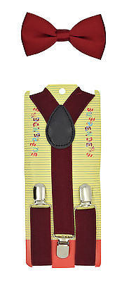 Kids Teens Burgundy Adjustable Bow Tie & Burgundy Y-Back Suspenders-New!