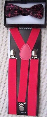 Unisex Hot Pink Guitars Bow Tie + Hot Pink Adjustable Suspenders-New in Package!