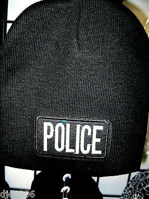 White POLICE Embroidered on Black Beanie Ski Hat Cap Beanie Style-New with Tags!