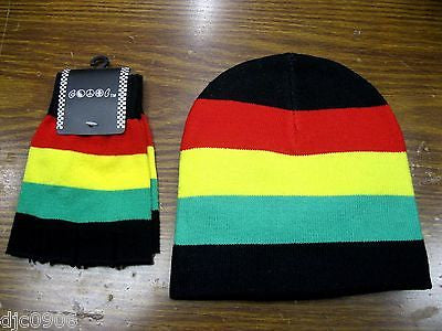 Rasta Red,Yellow,Green Black Beanie Ski Cap with Rasta Matching Gloves -New!
