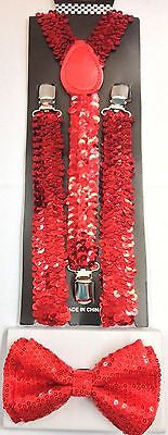 Red Sequin Adjustable Bow tie & Red Sequence Adjustable Suspenders Combo-New!