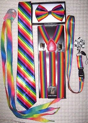 Men's Rainbow Stripes Adjustable Bow tie,Neck Tie,Suspenders,Lanyard,Shoelaces11