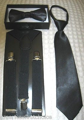 Kids Teens Black Adjustable Bow Tie & Black Adjustable Suspenders Set-New!