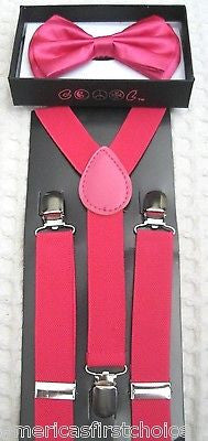 Kids Teens Hot Pink Adjustable Pre-Tied NeckTie & Pink Adjustable Suspenders Set