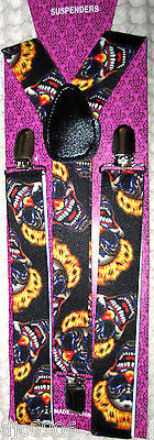 Solid ORANGE Adjustable Bow Tie & Crazy Clowns Flames Hair Suspenders Combo-New