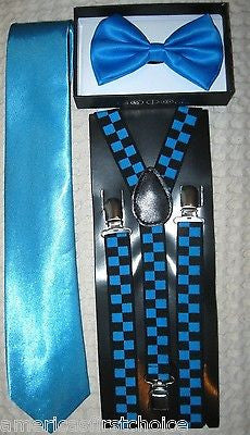 Unisex French Blue Sky blue Bow Tie,Necktie&French Blue/Black Checker Suspenders